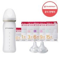 더블하트 실리콘 유리젖병 240ml(노꼭지)+젖꼭지 택1, 유리젖병 240ml+젖꼭지SS단계 2개