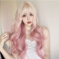 하이유니 백금발 체리핑크 투톤 웨이브 펌 롱 헤어 통가발 64cm, 체리핑크+백금발 - 통가발+거치대+가발망